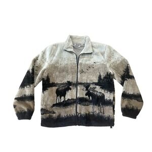 Vtg Glacier Gear Outdoor Moose Nature Fleece Zip Front Forest Jacket Unisex XL